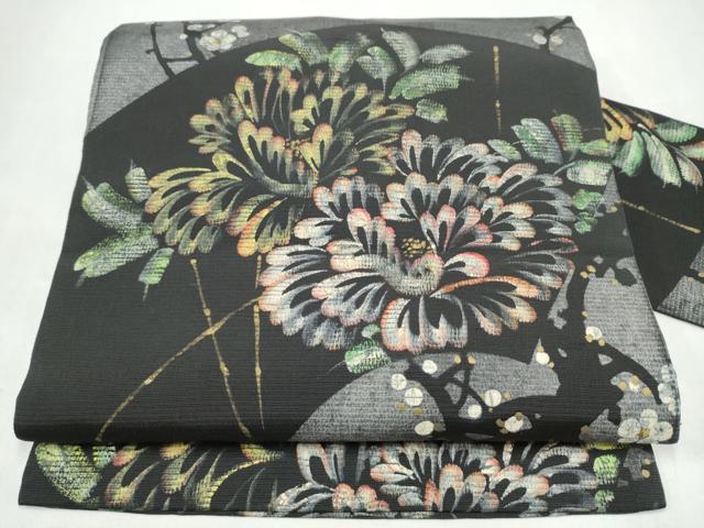 平和屋着物●アンティーク 大正ロマン 九寸名古屋帯 手描き 地紙花文 黒地 正絹 逸品 CABM6173hy