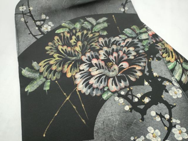 平和屋着物●アンティーク 大正ロマン 九寸名古屋帯 手描き 地紙花文 黒地 正絹 逸品 CABM6173hy