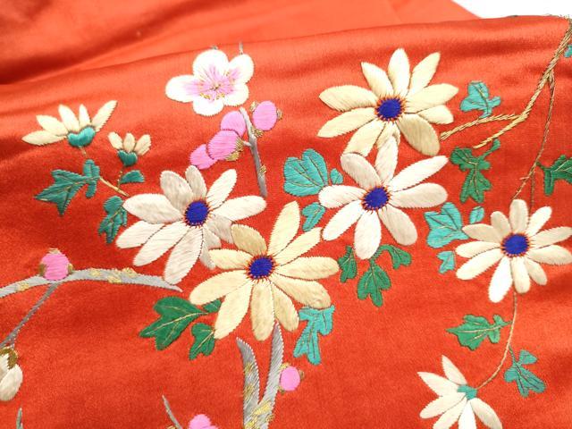 平和屋着物●アンティーク 大正ロマン 九寸名古屋帯 総手刺繍 枝花文 金糸 正絹 逸品 CABM6180hy