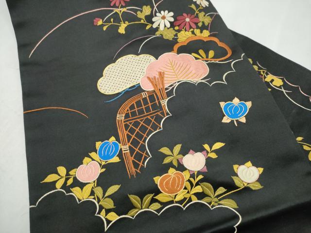 平和屋着物●アンティーク 大正ロマン 九寸名古屋帯 総手刺繍 草花文 黒地 金糸 正絹 逸品 CABM6182hy