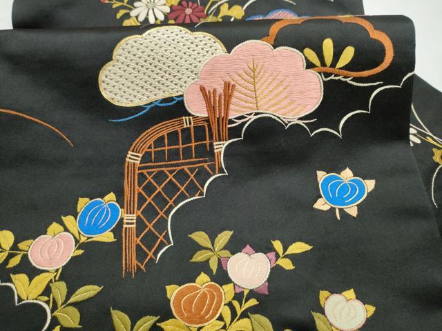 平和屋着物●アンティーク 大正ロマン 九寸名古屋帯 総手刺繍 草花文 黒地 金糸 正絹 逸品 CABM6182hy