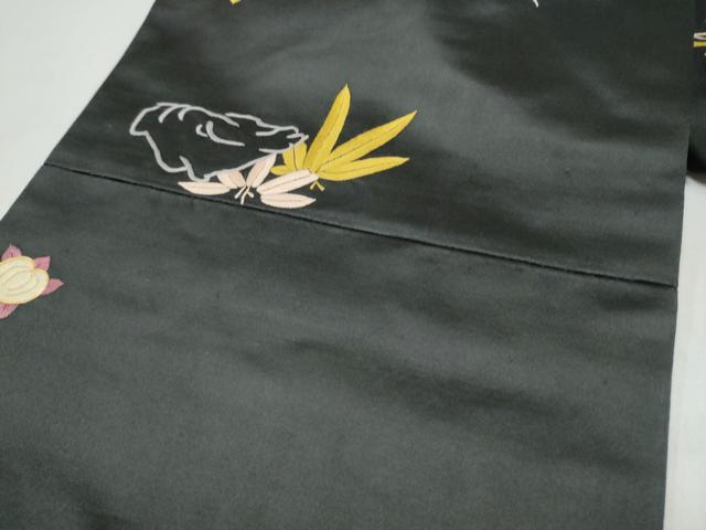 平和屋着物●アンティーク 大正ロマン 九寸名古屋帯 総手刺繍 草花文 黒地 金糸 正絹 逸品 CABM6182hy
