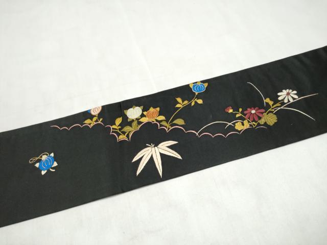 平和屋着物●アンティーク 大正ロマン 九寸名古屋帯 総手刺繍 草花文 黒地 金糸 正絹 逸品 CABM6182hy