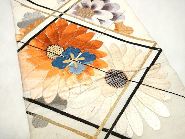 平和屋着物●アンティーク 大正ロマン 丸帯 総手刺繍 舞花文 金糸 正絹 逸品 CABM6184hy