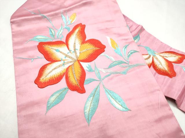 平和屋着物●アンティーク 大正ロマン 九寸名古屋帯 総手刺繍 枝花文 金糸 正絹 逸品 CABM6185hy