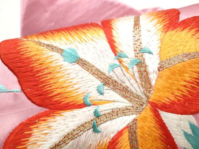 平和屋着物●アンティーク 大正ロマン 九寸名古屋帯 総手刺繍 枝花文 金糸 正絹 逸品 CABM6185hy