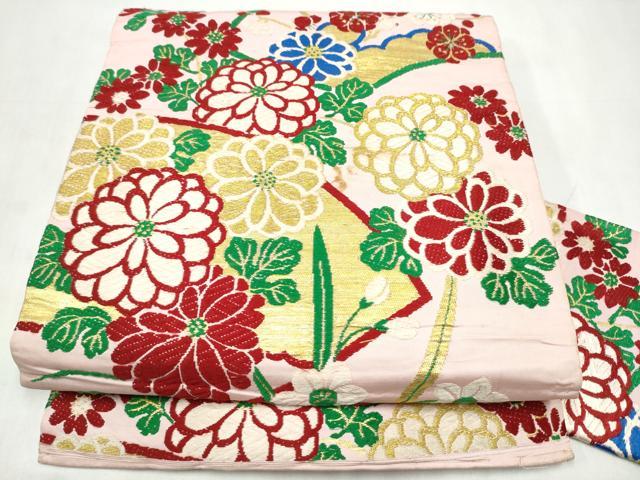 平和屋着物●アンティーク 大正ロマン 九寸名古屋帯 地紙草花文 金糸 正絹 逸品 CABM6188hy