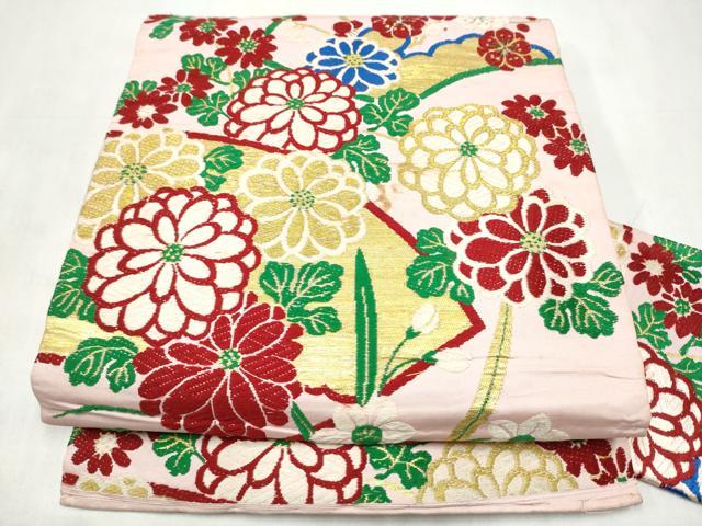 平和屋着物●アンティーク 大正ロマン 九寸名古屋帯 地紙草花文 金糸 正絹 逸品 CABM6188hy