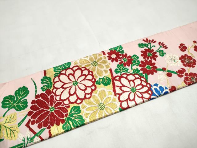 平和屋着物●アンティーク 大正ロマン 九寸名古屋帯 地紙草花文 金糸 正絹 逸品 CABM6188hy