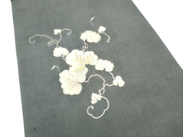 平和屋着物●アンティーク 大正ロマン 丸帯 紬地 駒刺繍 蔦の葉文 正絹 逸品 CABM6200hy