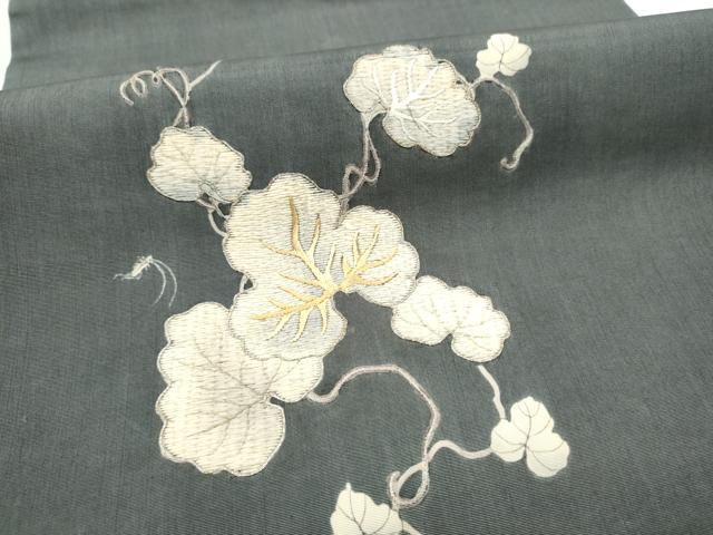 平和屋着物●アンティーク 大正ロマン 丸帯 紬地 駒刺繍 蔦の葉文 正絹 逸品 CABM6200hy