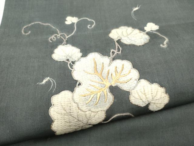 平和屋着物●アンティーク 大正ロマン 丸帯 紬地 駒刺繍 蔦の葉文 正絹 逸品 CABM6200hy