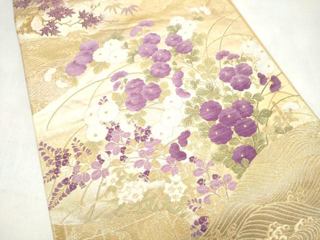 平和屋着物●西陣 京の名門 じゅらく謹製 帝王紫 六通柄袋帯 草花文 金糸 正絹 逸品 CABM6232hy