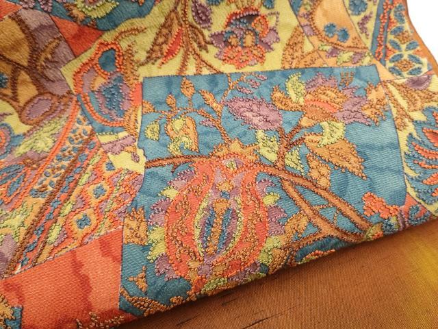 平和屋着物●中国三大刺繍 相良刺繍 太鼓柄袋帯 紬地 更紗花文 正絹 逸品 CABM6237hy