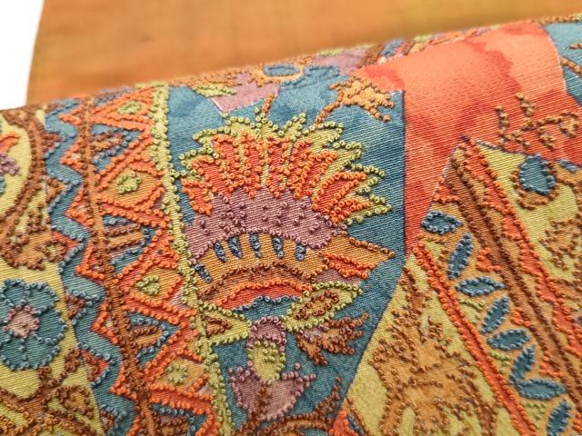 平和屋着物●中国三大刺繍 相良刺繍 太鼓柄袋帯 紬地 更紗花文 正絹 逸品 CABM6237hy