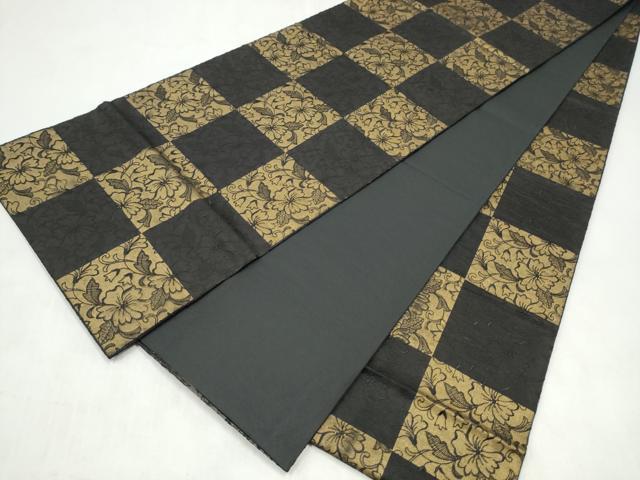 平和屋着物●全通柄袋帯 レース 市松花文 黒地 金糸 正絹 逸品 CABM6253hy