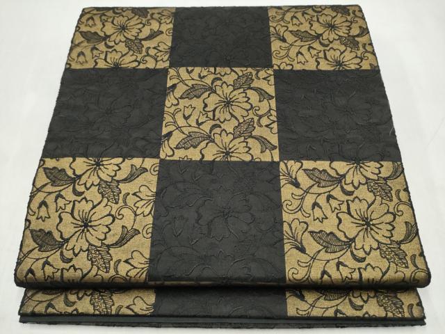 平和屋着物●全通柄袋帯 レース 市松花文 黒地 金糸 正絹 逸品 CABM6253hy