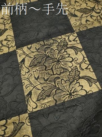 平和屋着物●全通柄袋帯 レース 市松花文 黒地 金糸 正絹 逸品 CABM6253hy
