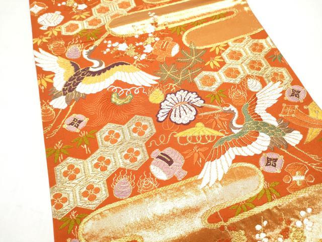 平和屋着物●西陣 河合美術織物謹製 六通柄袋帯 唐織 飛鶴花蝶文 金糸 正絹 逸品 CABM6256hy
