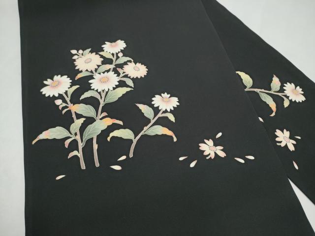 平和屋着物●塩瀬 九寸名古屋帯 友禅 枝菊文 黒地 正絹 逸品 CABM6351hy