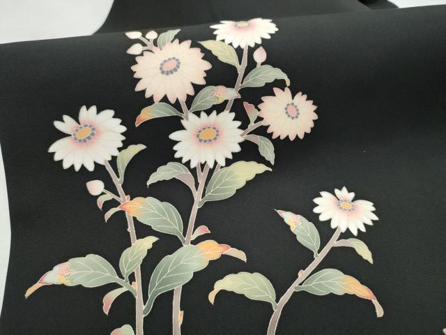 平和屋着物●塩瀬 九寸名古屋帯 友禅 枝菊文 黒地 正絹 逸品 CABM6351hy