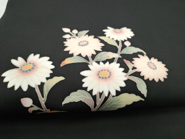 平和屋着物●塩瀬 九寸名古屋帯 友禅 枝菊文 黒地 正絹 逸品 CABM6351hy