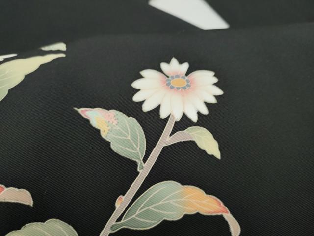 平和屋着物●塩瀬 九寸名古屋帯 友禅 枝菊文 黒地 正絹 逸品 CABM6351hy