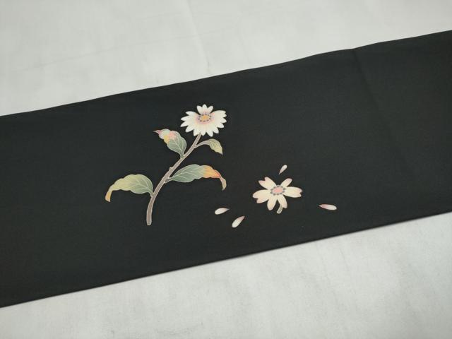 平和屋着物●塩瀬 九寸名古屋帯 友禅 枝菊文 黒地 正絹 逸品 CABM6351hy