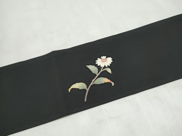 平和屋着物●塩瀬 九寸名古屋帯 友禅 枝菊文 黒地 正絹 逸品 CABM6351hy