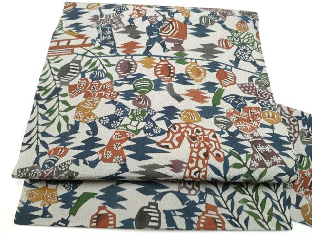 平和屋着物●全通柄 九寸名古屋帯 型染め 人物文 鬼しぼ縮緬 正絹 逸品 CABM6361hy