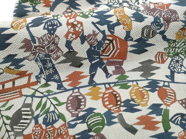 平和屋着物●全通柄 九寸名古屋帯 型染め 人物文 鬼しぼ縮緬 正絹 逸品 CABM6361hy