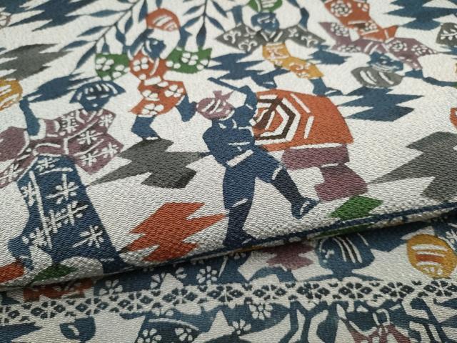 平和屋着物●全通柄 九寸名古屋帯 型染め 人物文 鬼しぼ縮緬 正絹 逸品 CABM6361hy