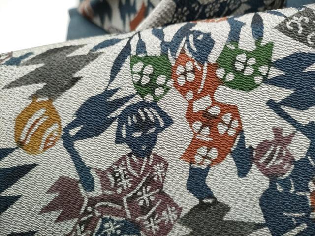 平和屋着物●全通柄 九寸名古屋帯 型染め 人物文 鬼しぼ縮緬 正絹 逸品 CABM6361hy