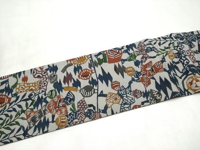 平和屋着物●全通柄 九寸名古屋帯 型染め 人物文 鬼しぼ縮緬 正絹 逸品 CABM6361hy