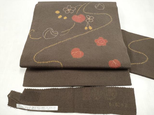 平和屋着物●九寸名古屋帯 舞桜文 金糸 鬼しぼ縮緬 反端付き 正絹 逸品 CABM6375hy