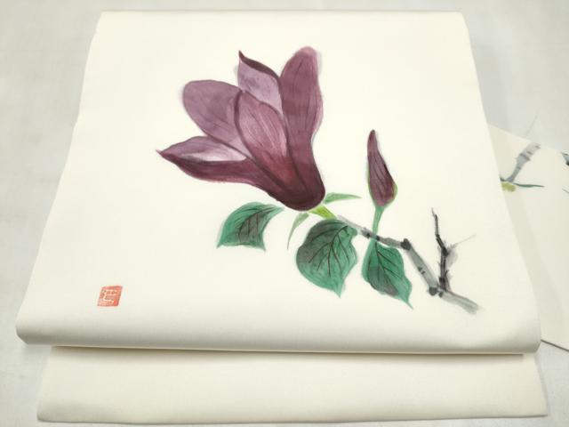 平和屋着物●塩瀬 九寸名古屋帯 作家物 手描き 枝花文 正絹 逸品 CABM6388hy