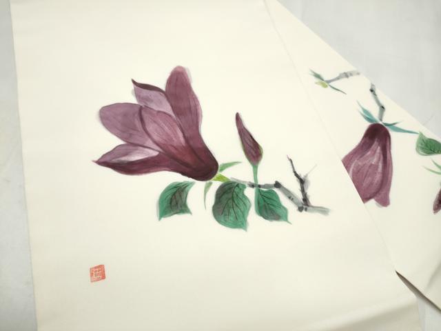 平和屋着物●塩瀬 九寸名古屋帯 作家物 手描き 枝花文 正絹 逸品 CABM6388hy