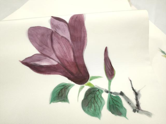 平和屋着物●塩瀬 九寸名古屋帯 作家物 手描き 枝花文 正絹 逸品 CABM6388hy