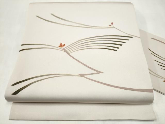 平和屋着物●塩瀬 九寸名古屋帯 駒刺繍 枝松葉文 金糸 正絹 逸品 CABM6391hy