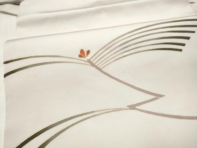 平和屋着物●塩瀬 九寸名古屋帯 駒刺繍 枝松葉文 金糸 正絹 逸品 CABM6391hy