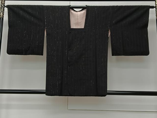 平和屋着物#道行コート 間道 黒地 銀糸 正絹 逸品 CABM6448ua