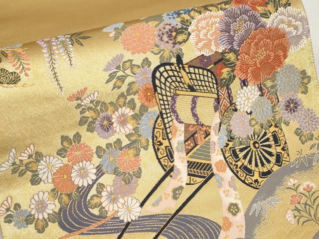 平和屋本店▼西陣 前田徳織物謹製 六通柄袋帯 慶長花車紋 九百泥金箔 証紙付き 正絹 逸品 未使用 CABM7009tx