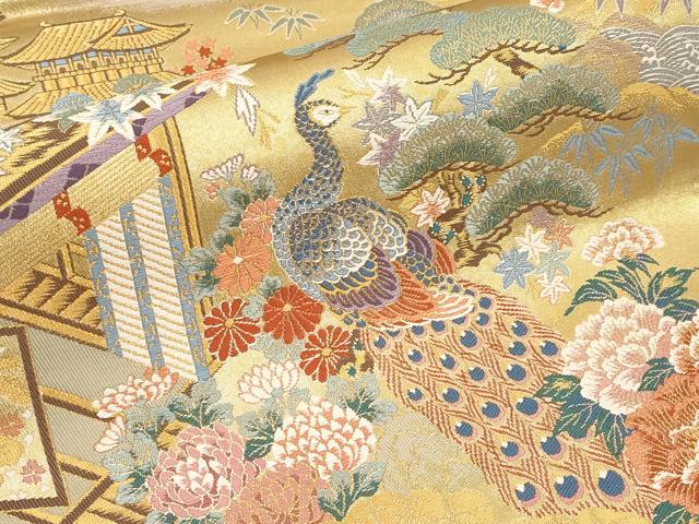 平和屋本店▼西陣 前田徳織物謹製 六通柄袋帯 唐織 御所解孔雀紋 九百泥金箔 証紙付き 正絹 逸品 未使用 CABM7010tx