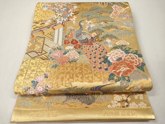 平和屋本店▼西陣 前田徳織物謹製 六通柄袋帯 唐織 御所解孔雀紋 九百泥金箔 証紙付き 正絹 逸品 未使用 CABM7010tx
