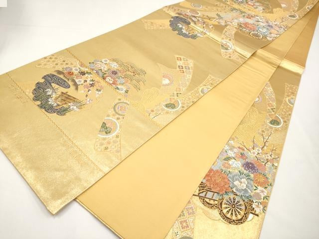 平和屋本店▼西陣 前田徳織物謹製 六通柄袋帯 唐織 熨斗花車紋 九百泥金箔 証紙付き 正絹 逸品 未使用 CABM7011tx