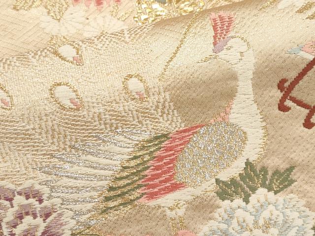 平和屋本店▼六通柄袋帯 唐織 山菊孔雀文 本金二重箔 正絹 逸品 CABM7024tx