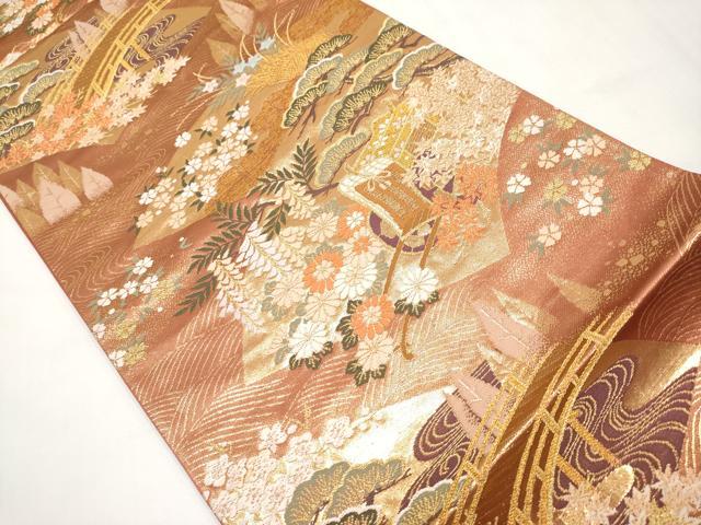 平和屋本店▼六通柄袋帯 唐織 地紙草御所車花文 本金箔 正絹 逸品 CABM7033tx