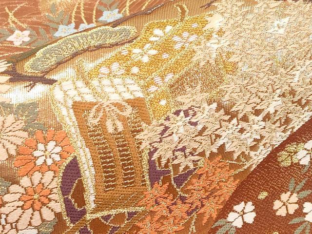 平和屋本店▼六通柄袋帯 唐織 地紙草御所車花文 本金箔 正絹 逸品 CABM7033tx