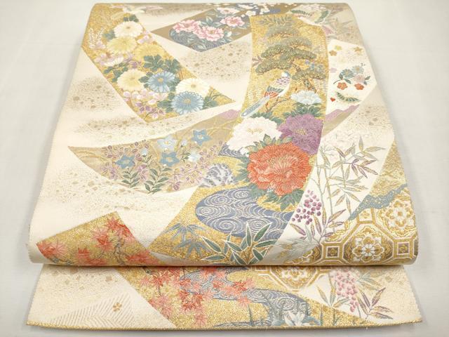 平和屋本店▼六通柄袋帯 唐織 桃山花鳥短冊文 本金箔 正絹 逸品 CABM7039tx
