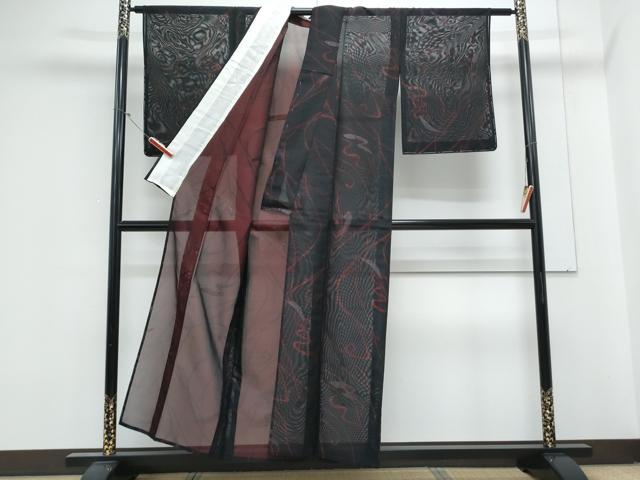 平和屋着物*夏物 小紋 紗 流水文 黒地 銀糸 正絹 逸品 CABM7309th
